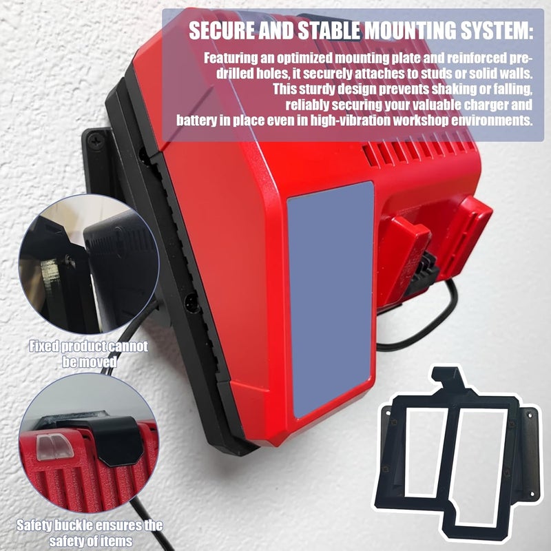NATUHODE Power Tool Organizer, Compatible with Milwaukee M12/M18 Charger Wall Mount Securely Mounts Your Charger, for Garage & Workshop Organization, Saving Space and Keeping Your Tools Tidy (black) - Image 3